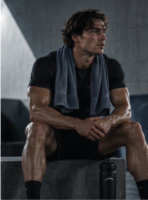 An athlete seated after training, towel over the shoulders.