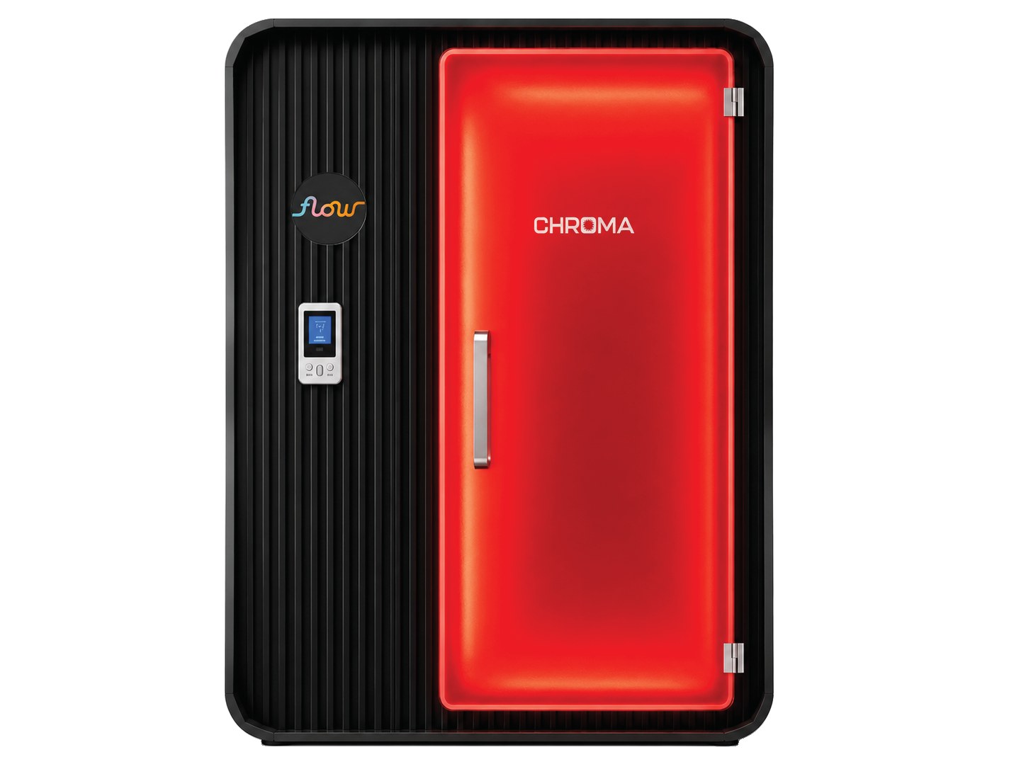 The Sun Portal booth: a black walk-in cabin with a frosted door lit red from inside, a payment panel beside it.